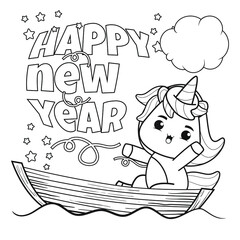 Happy new year coloring book with cute unicorn