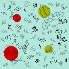 pattern blue background with contour twigs and berries staining