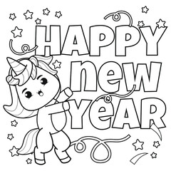 Happy new year coloring book with cute unicorn