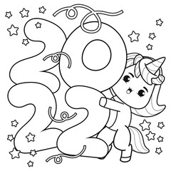 Happy new year coloring book with cute unicorn