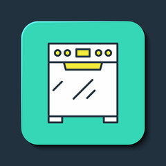 Filled outline Oven icon isolated on blue background. Stove gas oven sign. Turquoise square button. Vector