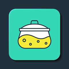 Filled outline Cooking pot icon isolated on blue background. Boil or stew food symbol. Turquoise square button. Vector