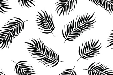 Palms leaves branch seamless tropical vector pattern on white background