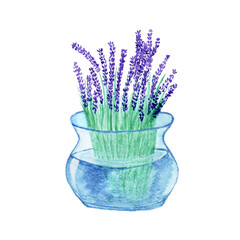 watercolor glass vase with lavender bouquet isolated on white background, jar with water and lavender as element for design of romantic invitations and mother's day cards