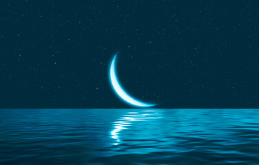 Obraz na płótnie Canvas Ramadan Kareem background with crescent, stars above serene sea 