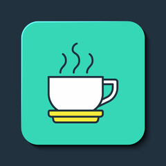 Filled outline Coffee cup icon isolated on blue background. Tea cup. Hot drink coffee. Turquoise square button. Vector