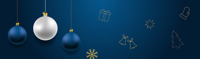 Merry Christmas and Happy New Year vector banner. Realistic rose gold and blue baubles, snowflakes hanging on dark blue background with realistic garland.