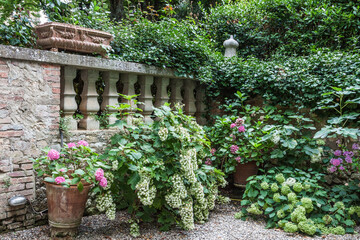 Typical Tuscan villages with their stone houses and green shutters and their flowery gardens