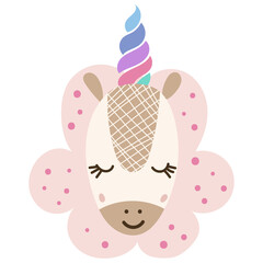 Magical Baby Unicorn Face. Vector illustration.