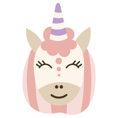 Magical Baby Unicorn Face. Vector illustration.