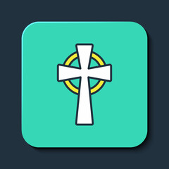 Filled outline Celtic cross icon isolated on blue background. Happy Saint Patricks day. National Irish holiday. Turquoise square button. Vector