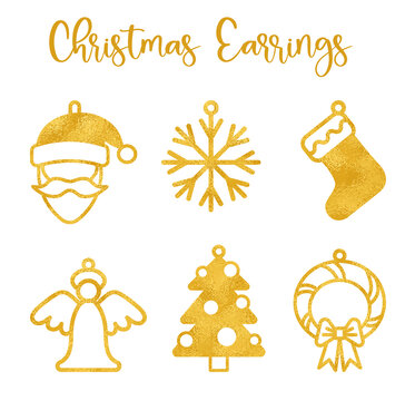Templates of Christmas earrings made of golden foil