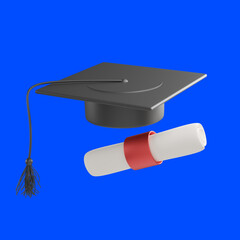 graduation cap and diploma 3d illustration