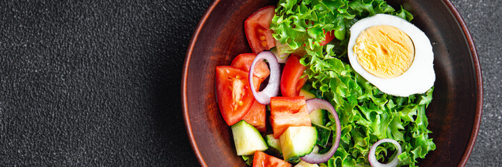 salad eggs, vegetable, cucumber, tomato, lettuce veggie healthy meal snack diet on the table copy space food background  keto or paleo diet vegetarian food no meat
