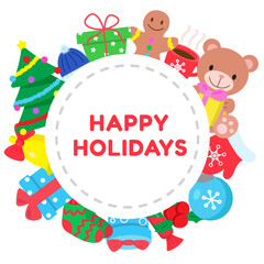 Happy holidays, card with different design elements. Merry Christmas and happy New Year print. Frame of clip arts. Print for seasonal decoration, banners, stickers, poster, flyer, invitation . 