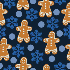 Gingerbread man seamless pattern, Christmas gingerbread and snowflakes on dark blue background