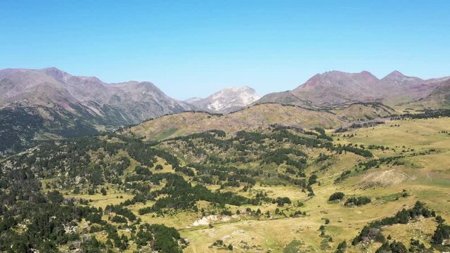 survol d'un lac de montagne et des forets dans les Pyr&eacute;n&eacute;es-Orientales, sud de la France, parc naturel des Bouillouses	