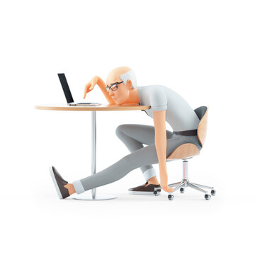 3d exhausted senior man leaning on his desk
