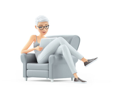 3d senior woman sitting in armchair with tablet