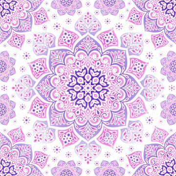 Purple and pink seamless pattern with mandala ornament. Traditional Arabic, Indian motifs. Great for fabric and textile, wallpaper, packaging or any desired idea.