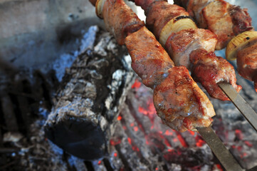 Barbecue on a fire with charcoal close up. Tasty grilled meat