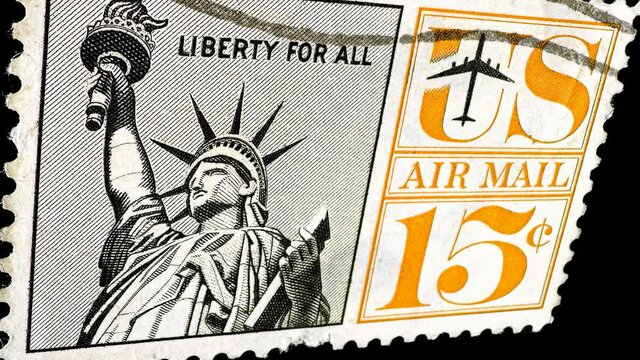 Postage stamp printed in the US shows image of the Statue of Liberty, circa 1963