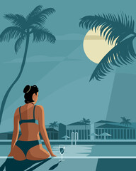 A girl is sitting by the pool at night with a glass of wine. Vector illustration.