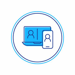 Filled outline Video chat conference icon isolated on white background. Online meeting work form home. Remote project management. Vector