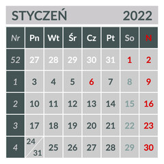 Kalendarium na rok 2022. Pliki gotowe do druku w CMYK. Możliwość edycji (zmiana kolorów, wstawianie fontów). Do wykorzystania np. na kalendarzu biurkowym typu "namiot".