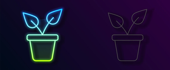 Glowing neon line Plant in pot icon isolated on black background. Plant growing in a pot. Potted plant sign. Vector