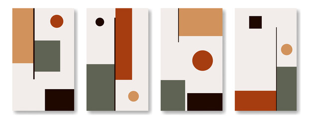 Set of modern art design in Bauhaus style, geometric abstract backgrounds. Simple figures in muted palette against light background, contemporary art