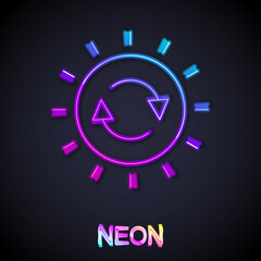 Glowing neon line Solar energy panel icon isolated on black background. Sun with lightning symbol. Vector