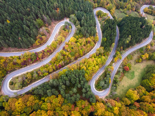Stunning aerial view of road with curves crossing dense forest in autumn colors in Bulgaria. High quality photo