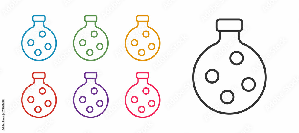 Poster set line bottle with potion icon isolated on white background. flask with magic potion. happy hallow