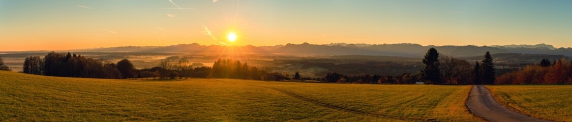 Fototapeta na wymiar Hohenpeissenberg, Sonnenaufgang, Panorama, Alpenblick, Oberbayern, Bayern, Deutschland 