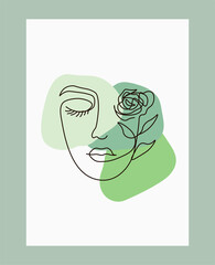 Abstract woman poster. Girl with different plant, line drawing. Line face illustration, woman with flower on had. Vector illustration concept.