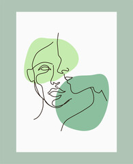 Couple in line style. Man kissed woman in had. One line hand drawing.