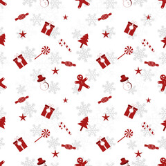 Christmas object silhouette repeat pattern in red color on flat white color background. Christmas object seamless pattern.