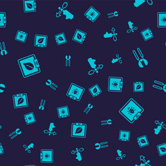 Set Seeds of specific plant, Gardening scissors, Rooster weather vane and Colorado beetle on seamless pattern. Vector