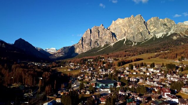 Flight over Cortina d Ampezzo in the Dolomites Italian Alps - aerial view - travel photography