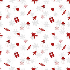 Christmas object silhouette repeat pattern in red color on flat white color background. Christmas object seamless pattern.