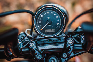 Close up photo of customized motorcycle. - obrazy, fototapety, plakaty