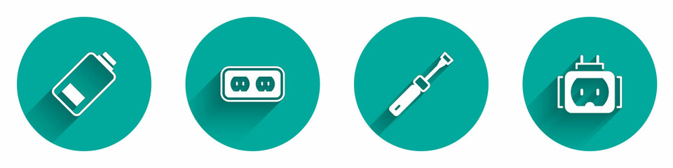 Set Battery charge, Electrical outlet, Screwdriver and Tee plug electric icon with long shadow. Vector