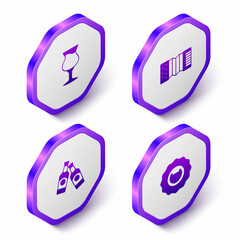 Set Isometric Glass of beer, Accordion, Beer bottle and Bottle opener icon. Purple hexagon button. Vector
