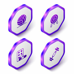 Set Isometric Volleyball ball, Target sport, Sports doping with dumbbell and Dumbbell icon. Purple hexagon button. Vector