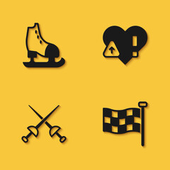 Set Skates, Checkered flag, Fencing and Heart rate icon with long shadow. Vector
