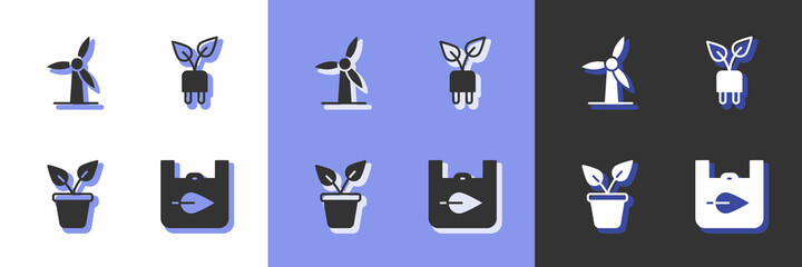 Set Shopping bag with recycle, Wind turbine, Plant pot and Electric saving plug leaf icon. Vector