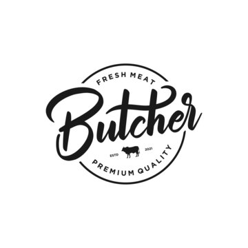 Butcher Shop hand written lettering logo with label, badge, emblem design template