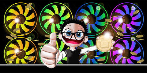 Young man smiling while earning money mining cryptocurrency