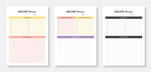 Printable recipe card template. Recipe planner template. Minimal Food planner template. Set of recipe planner templates. Modern recipe card planner templates.